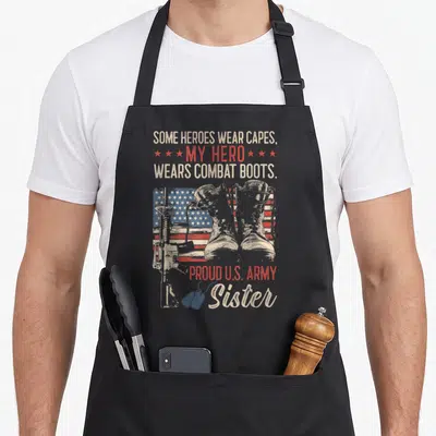 Hero combat apron - Distressed boots, rifle, dog tags, and proud army sister text over a flag background — shown on a black cotton canvas apron against a white background