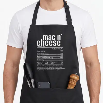 Thanksgiving mac apron - White nutrition label graphic for mac n cheese with a Thanksgiving blessing about a peaceful — shown on a black cotton canvas apron against a white background