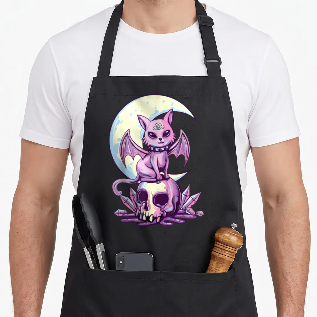 Wiccan cat apron - Winged pink cat on skull with crystals and crescent moon in pastel goth style — shown on a black cotton canvas apron against a white background