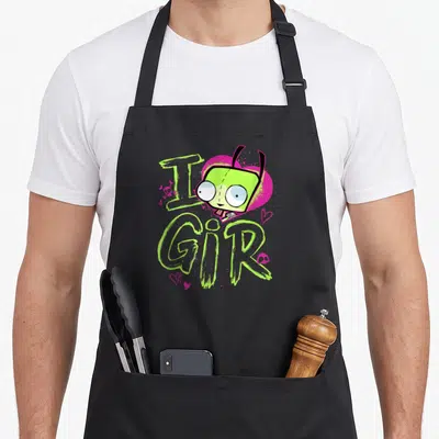 Invader valentine apron - I GIR text with lime green letters, pink heart, and small skulls — shown on a black cotton canvas apron against a white background