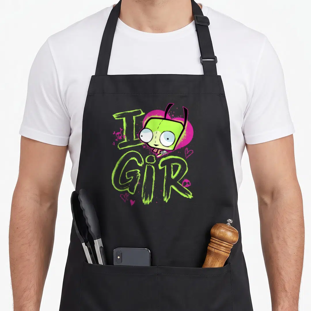 Invader valentine apron - I GIR text with lime green letters, pink heart, and small skulls — shown on a black cotton canvas apron against a white background