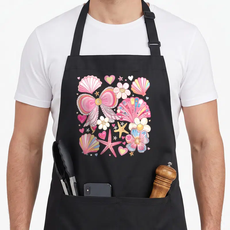 Summer bow apron - Pink coquette bow surrounded by seashells, starfish, hearts, and floral motifs in cartoon style — shown on a black cotton canvas apron against a white background