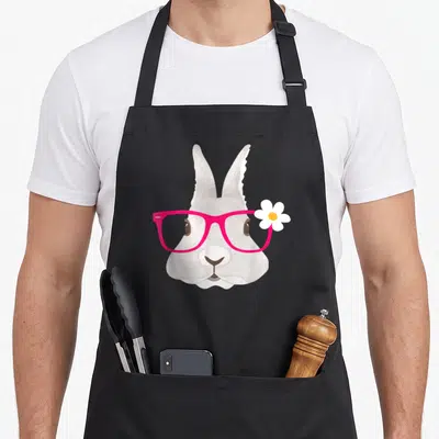 Costume easter bunny aprons - Cartoon white rabbit face wearing pink glasses with a white flower on the right frame side — shown on a black cotton canvas apron against a white background