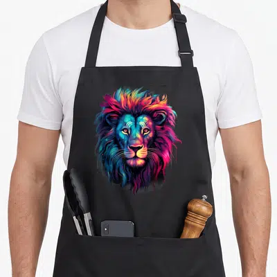 Portrait colorful aprons - Multicolored realistic lion head portrait with blue, purple, pink, orange, and yellow paint — shown on a black cotton canvas apron against a white background
