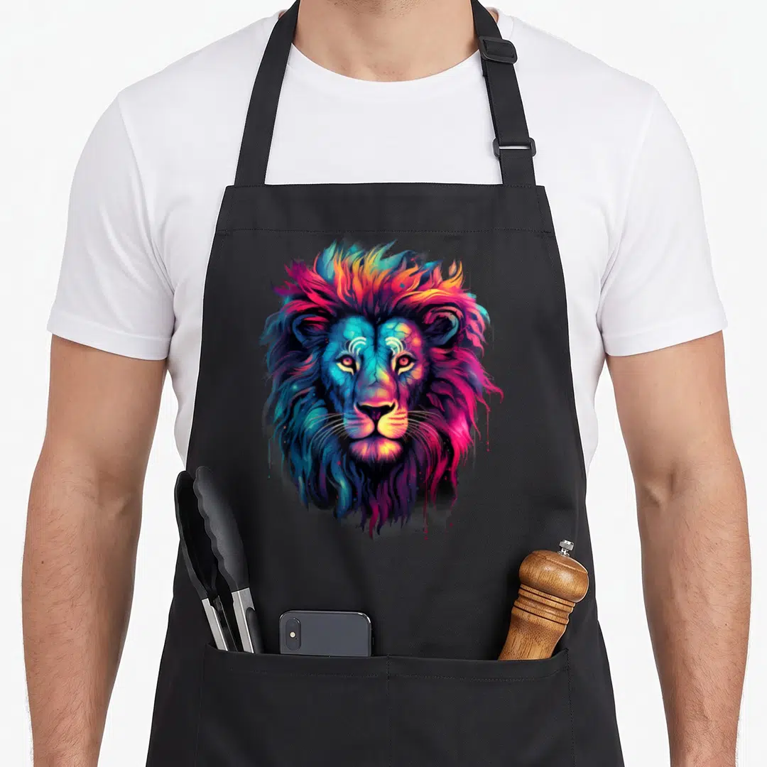 Portrait colorful aprons - Multicolored realistic lion head portrait with blue, purple, pink, orange, and yellow paint — shown on a black cotton canvas apron against a white background