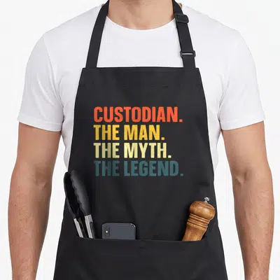 Appreciation janitor apron - Stacked text CUSTODIAN THE MAN THE MYTH THE LEGEND in orange yellow beige and blue-grey — shown on a black cotton canvas apron against a white background