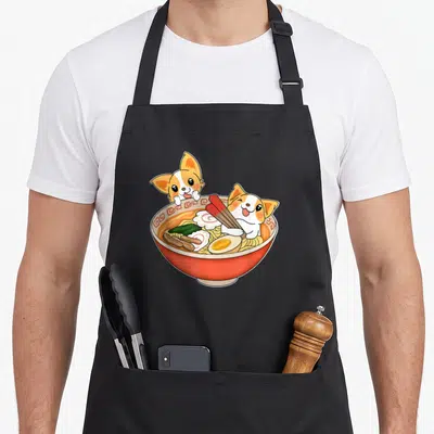 Japanese corgi apron - Two chihuahuas in a red ramen bowl with red chopsticks — shown on a black cotton canvas apron against a white background