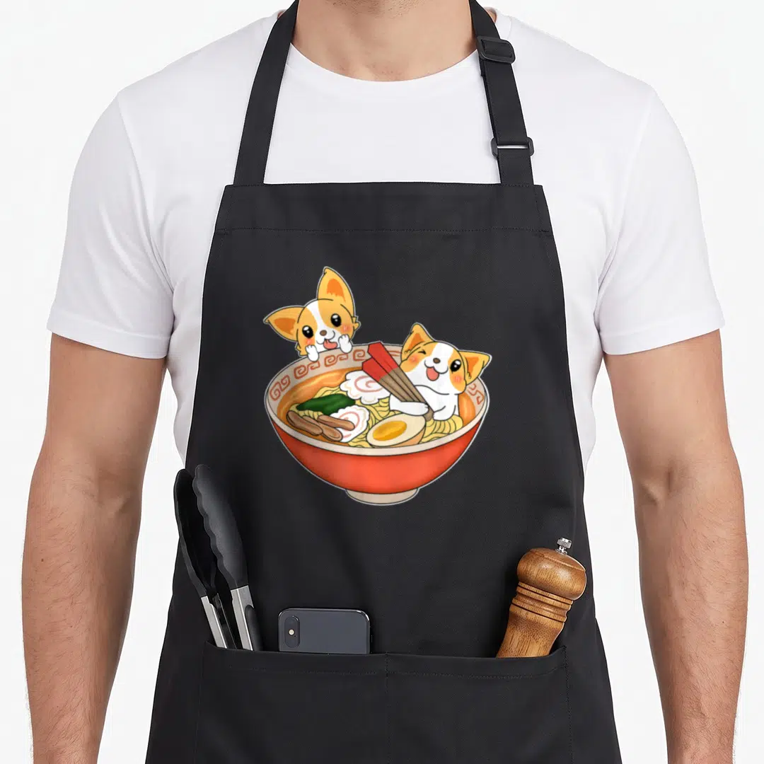 Japanese corgi apron - Two chihuahuas in a red ramen bowl with red chopsticks — shown on a black cotton canvas apron against a white background