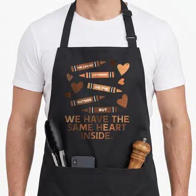 Month heritage african apron - Five brown and orange crayons and hearts with text about having the same heart inside — shown on a black cotton canvas apron against a white background