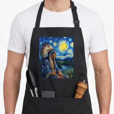 Van native american apron - Painted portrait of a Native American man in a headdress against a swirling blue starry — shown on a black cotton canvas apron against a white background