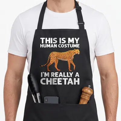 Wildlife cheetah apron - Orange cheetah walking between white text blocks reading human costume joke — shown on a black cotton canvas apron against a white background