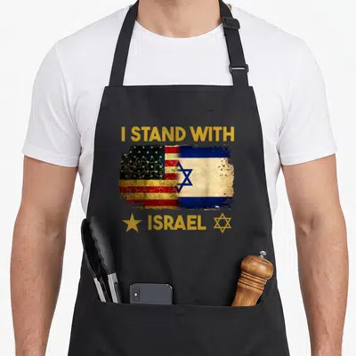Stand love jewish apron - Distressed combined US and Israel flag with I STAND WITH ISRAEL text and stars — shown on a black cotton canvas apron against a white background