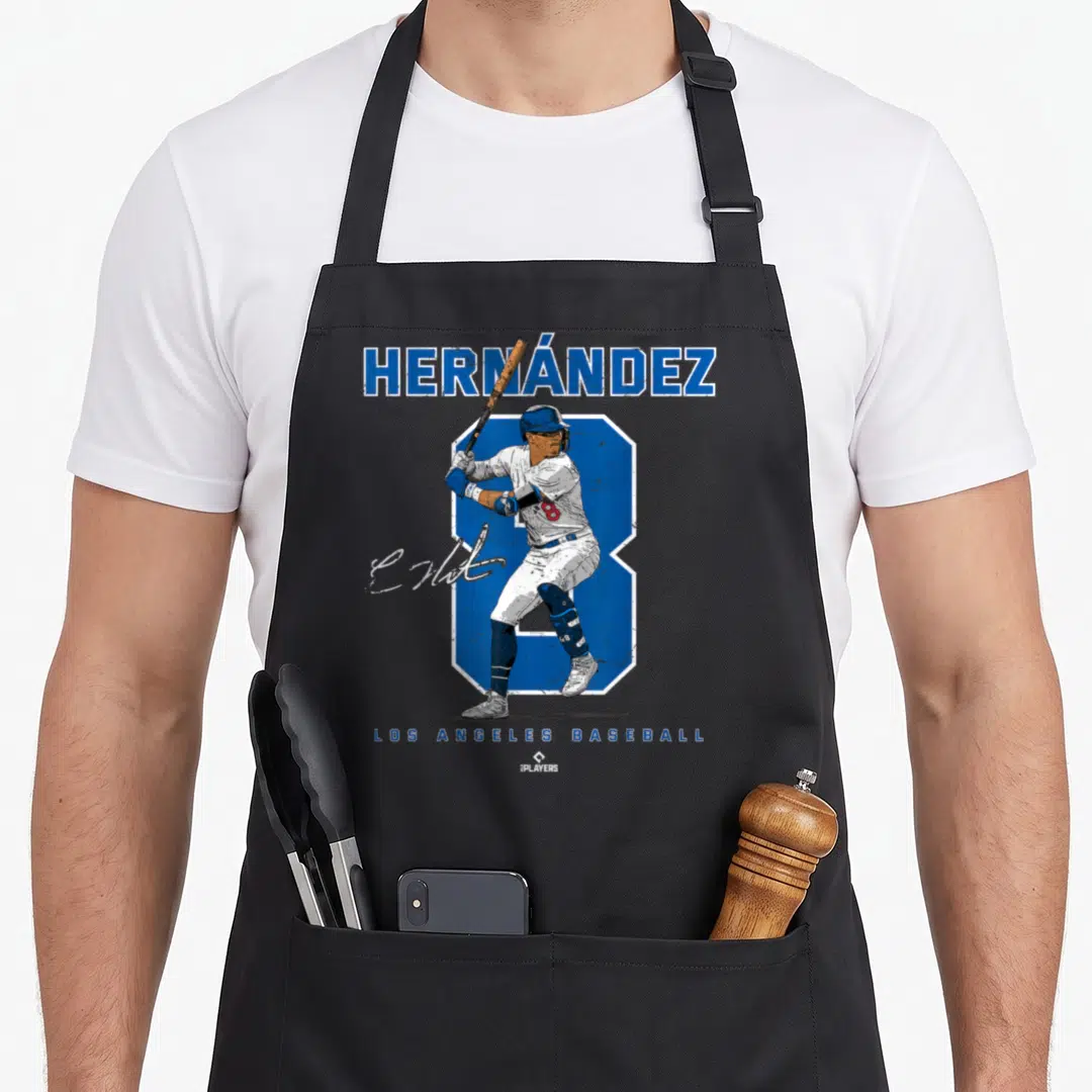 Portrait mvp apron - Baseball player illustration with HERNÁNDEZ text and blue number 8 on grey background — shown on a black cotton canvas apron against a white background