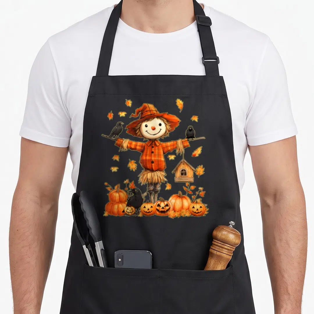 Hello thanksgiving apron - Cartoon scarecrow with orange plaid hat, crows, pumpkins, and birdhouse in fall colors — shown on a black cotton canvas apron against a white background