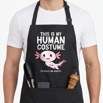 Human axolotl funny apron - Pink cartoon axolotl with white stacked text reading THIS IS MY HUMAN COSTUME I'M REALLY — shown on a black cotton canvas apron against a white background