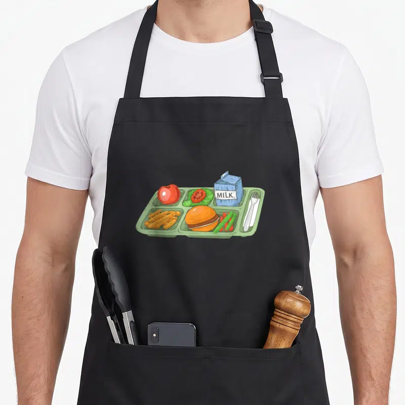 Funny school lunch lady apron - Cartoon green divided tray with burger, fries, apple, salad, celery, blue milk carton — shown on a black cotton canvas apron against a white background