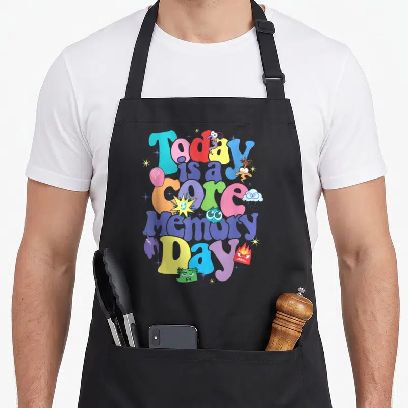 Today memory apron - Stacked colorful bubble text reading Today is a core Memory Day surrounded by emotion characters — shown on a black cotton canvas apron against a white background