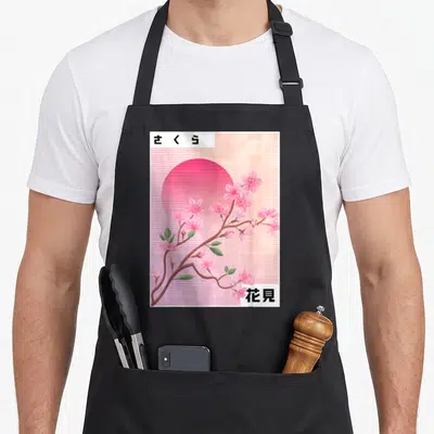 Grunge cherry print apron - Cherry blossom branch over striped pink sun with black Japanese text on grid background — shown on a black cotton canvas apron against a white background