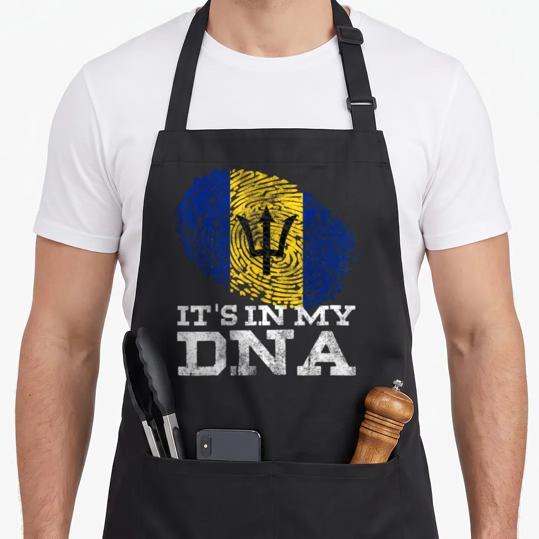 Dna barbadian apron - Distressed fingerprint in blue yellow and black with trident and stacked white text — shown on a black cotton canvas apron against a white background