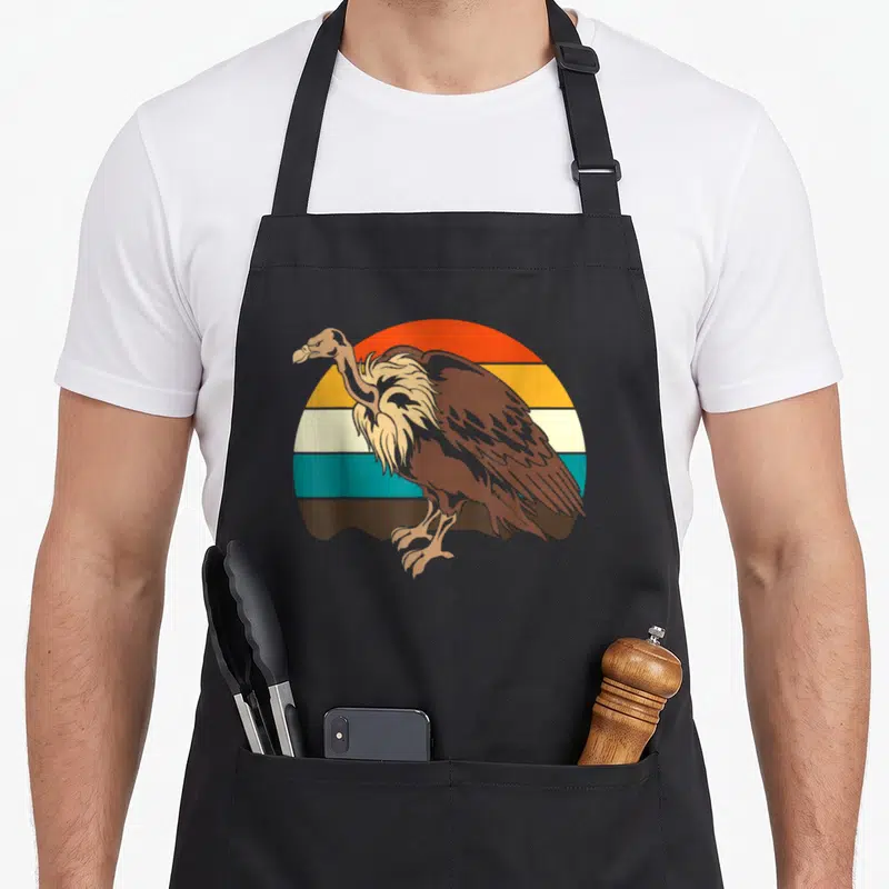 Scavenger bird apron - Brown vulture standing before orange teal and tan retro striped semi-circle background — shown on a black cotton canvas apron against a white background