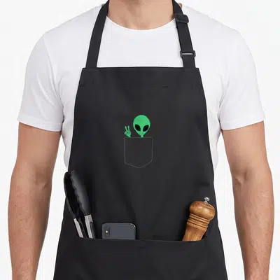 Alien universe apron - Green cartoon alien head and peace sign hand emerging from a grey pocket illustration — shown on a black cotton canvas apron against a white background