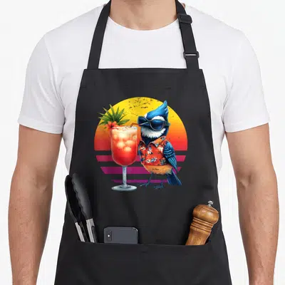 Jay hawaiian apron - Cartoon blue jay in sunglasses and floral shirt drinking a tropical cocktail against a retro sunset — shown on a black cotton canvas apron against a white background