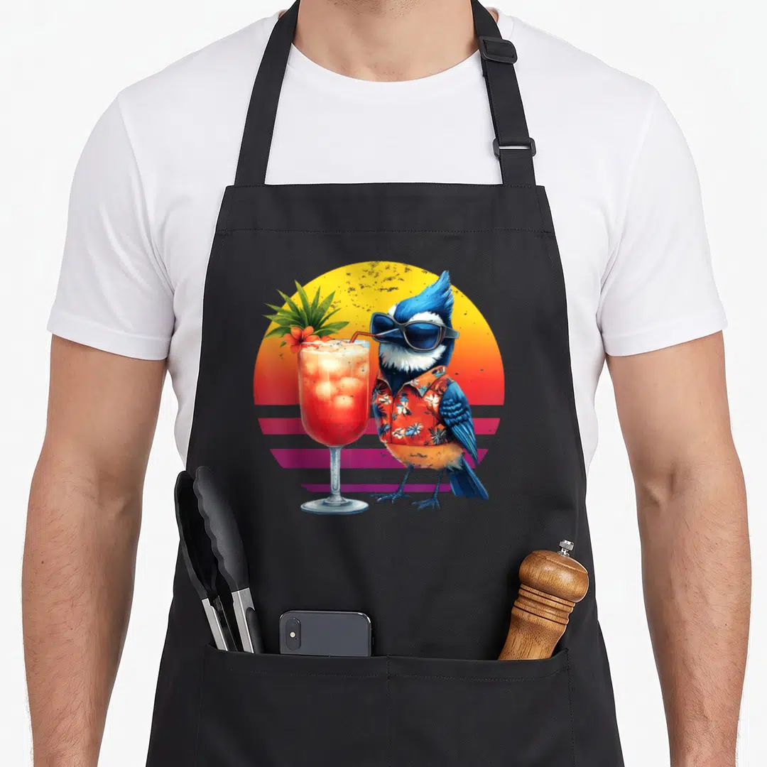 Jay hawaiian apron - Cartoon blue jay in sunglasses and floral shirt drinking a tropical cocktail against a retro sunset — shown on a black cotton canvas apron against a white background