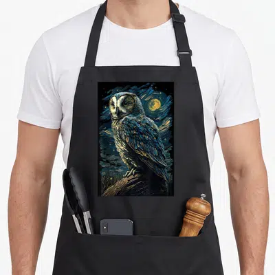 Owl van gogh apron - Realistic owl perched on branch in swirling dark blue gold and black starry night style art — shown on a black cotton canvas apron against a white background