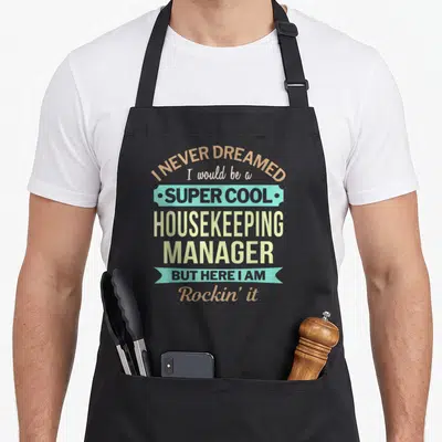 Manager housekeeping apron - Stacked text I Never Dreamed Super Cool Housekeeping Manager with teal banners in tan — shown on a black cotton canvas apron against a white background