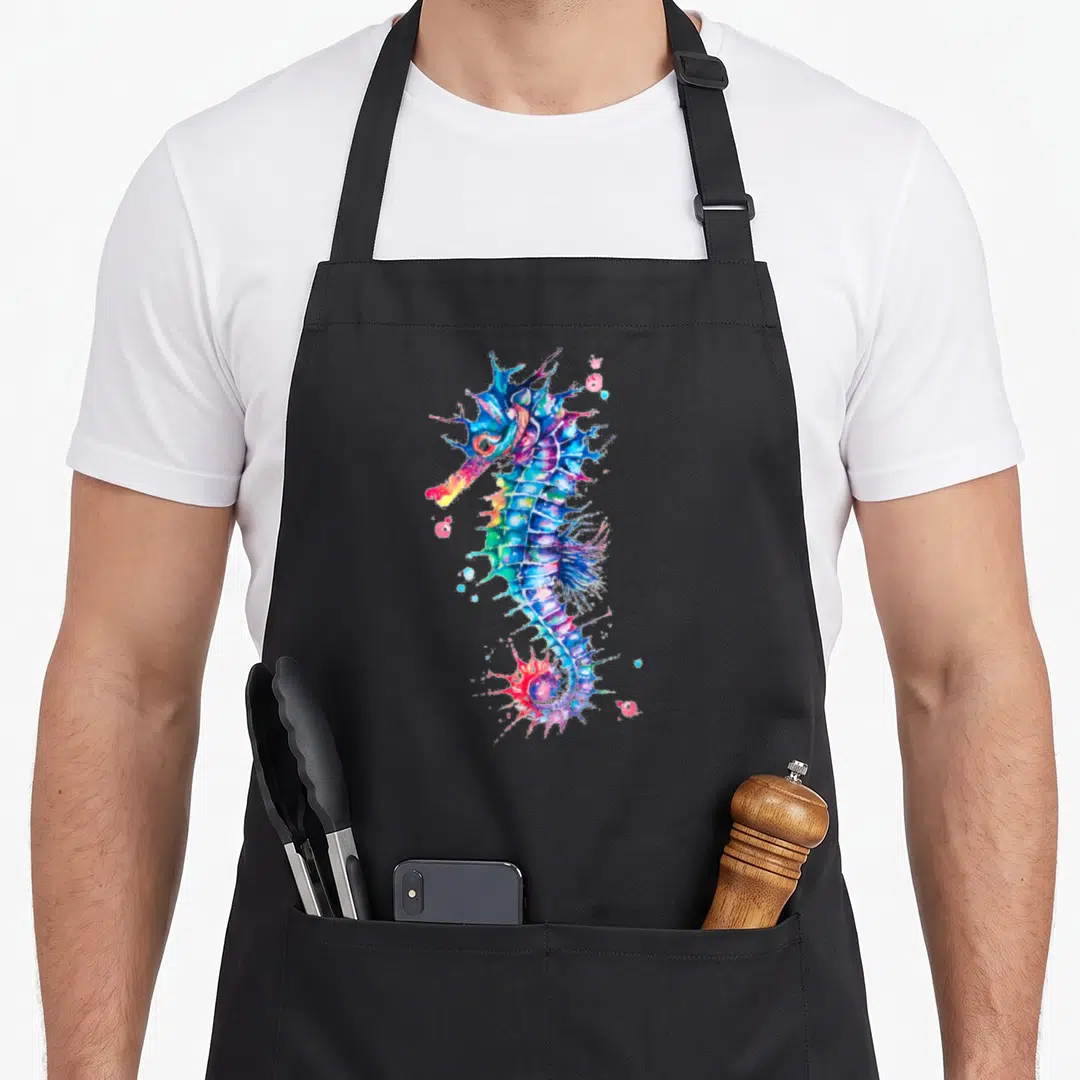 Seahorse colorful aprons - Multicolored watercolor seahorse with blue, purple, pink, and yellow paint splatters — shown on a black cotton canvas apron against a white background