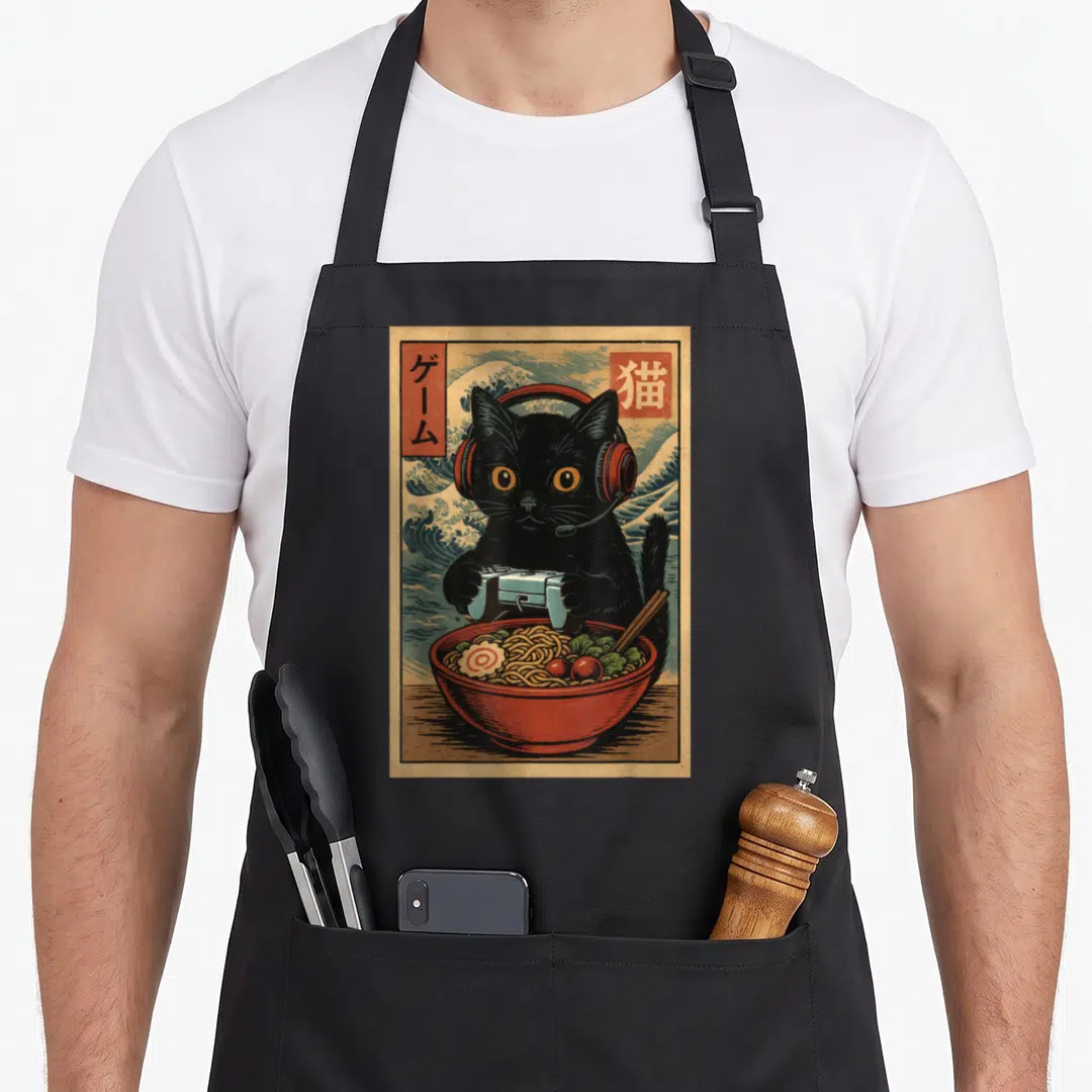 Gamer kawaii aprons - Black cat with red headphones holding controller above ramen bowl with Japanese text boxes — shown on a black cotton canvas apron against a white background
