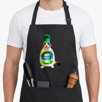 Ranch cat apron - Cat head paws tail in ranch dressing bottle with green chef hat — shown on a black cotton canvas apron against a white background