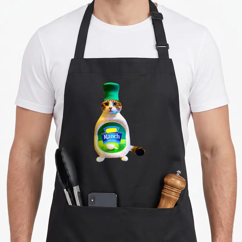 Ranch cat apron - Cat head paws tail in ranch dressing bottle with green chef hat — shown on a black cotton canvas apron against a white background