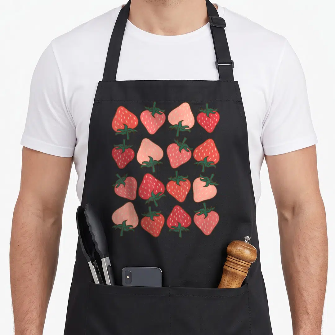 Pattern strawberry apron - Sixteen red pink and green cartoon strawberries in a 4x4 grid pattern — shown on a black cotton canvas apron against a white background