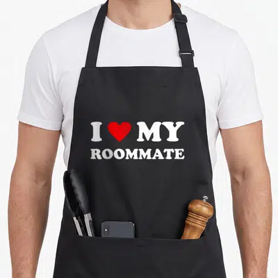 Funny roommate apron - White text I heart MY ROOMMATE with red heart symbol — shown on a black cotton canvas apron against a white background