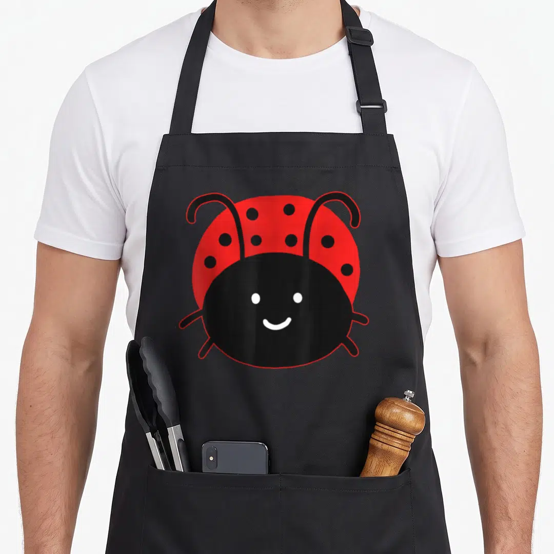 Vintage ladybug apron - Cartoon ladybug in red black and white with spots and antennae centered on grey background — shown on a black cotton canvas apron against a white background