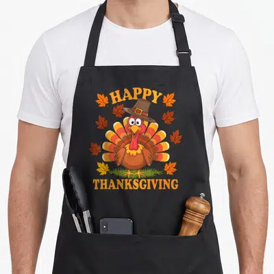 Dinner thanksgiving apron - Cartoon turkey in a hat with scattered autumn leaves and happy thanksgiving text — shown on a black cotton canvas apron against a white background