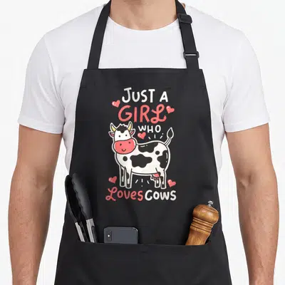 Cow farmer apron - Cartoon cow with pink nose and hearts surrounding split text JUST A GIRL WHO Loves Cows — shown on a black cotton canvas apron against a white background