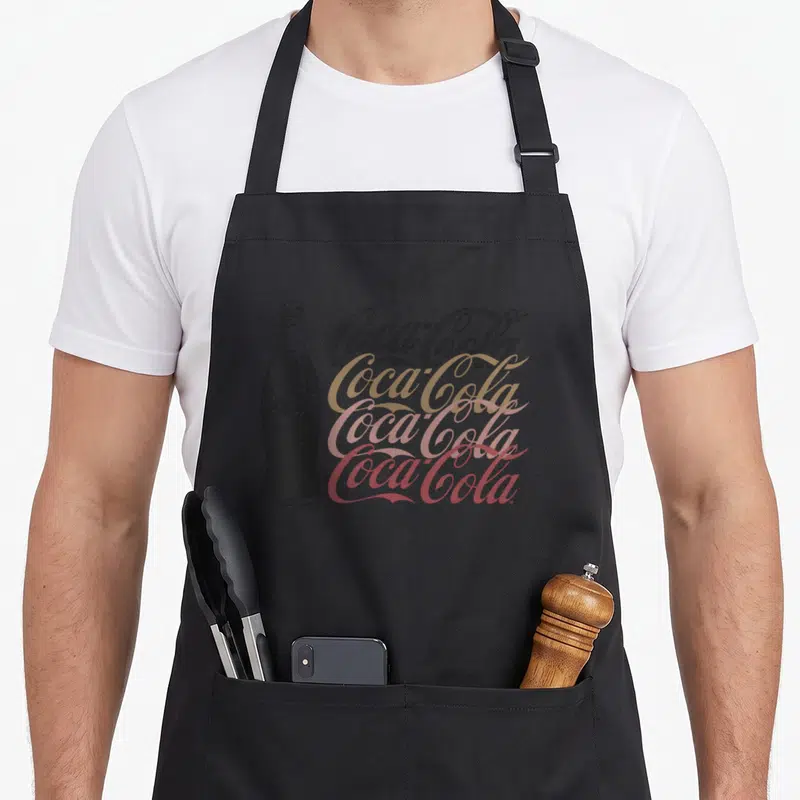 Coca cola apron - Black bottle illustration next to four stacked Coca-Cola script logos in tan, pink, and red — shown on a black cotton canvas apron against a white background