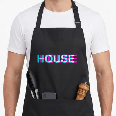 Disco sound of music apron - HOUSE text in overlapping pink and blue rounded typography — shown on a black cotton canvas apron against a white background
