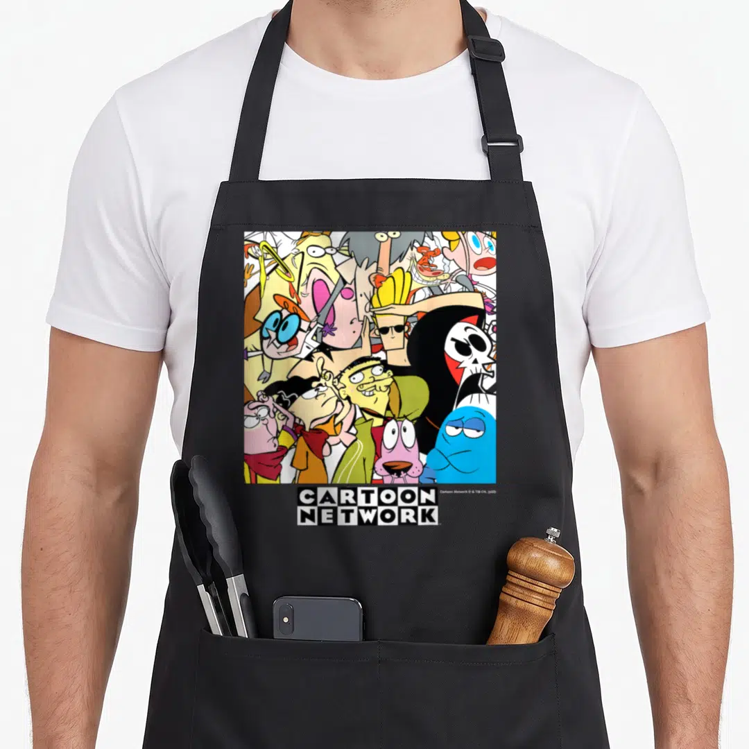 Boxed character aprons - Cartoon Network character collage print with logo below in pink blue yellow black white — shown on a black cotton canvas apron against a white background