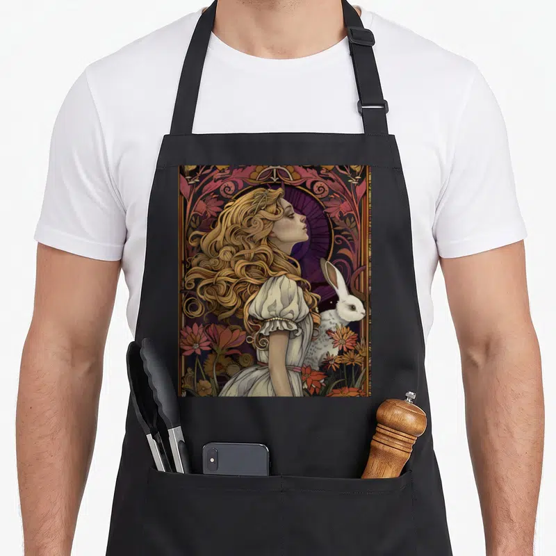 Novel alice wonderland apron - Realistic girl with curly hair facing right beside white rabbit in ornate purple floral — shown on a black cotton canvas apron against a white background