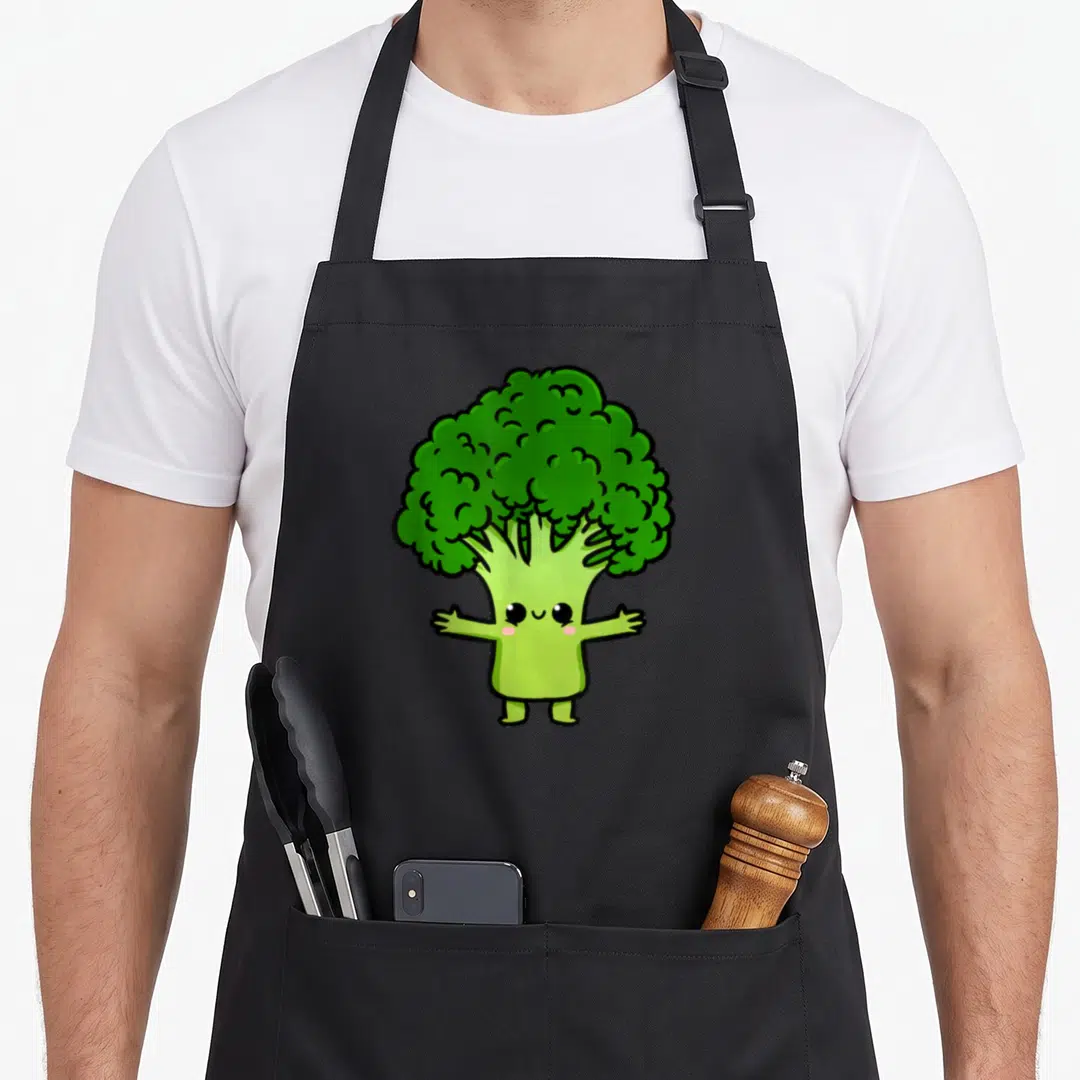 Broccoli kawaii apron - Cartoon broccoli character with green florets, black outlines, and pink cheeks standing — shown on a black cotton canvas apron against a white background