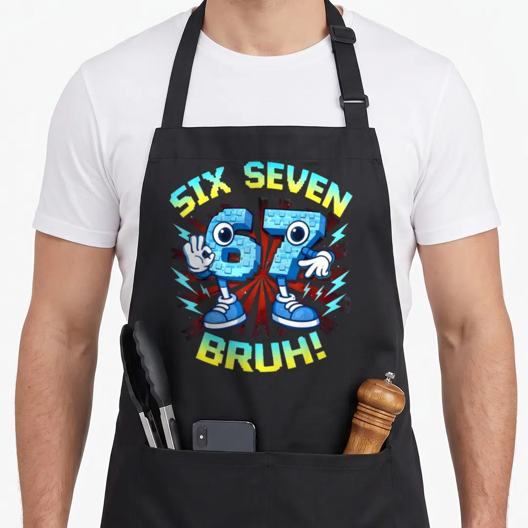 Bruh brainrot meme apron - Anthropomorphic blue number 6 and 7 with hands and sneakers under arched text — shown on a black cotton canvas apron against a white background