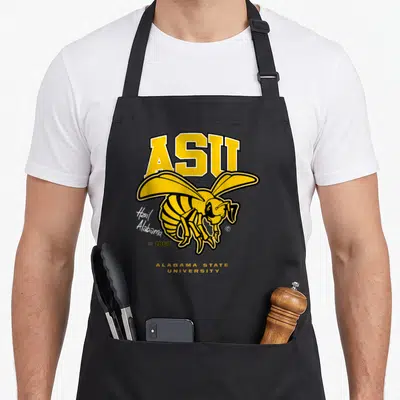 State university of alabama apron - Yellow ASU text and cartoon hornet over grey hatched circle with Hail Alabama script — shown on a black cotton canvas apron against a white background