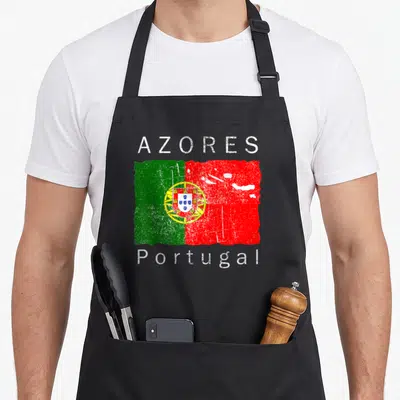 Azore portuguese apron - Distressed Portuguese flag with AZORES and Portugal text in green red white — shown on a black cotton canvas apron against a white background