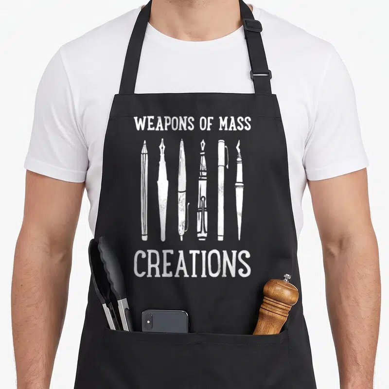 Writer writing lover apron - Six white pens lined up below WEAPONS OF MASS CREATIONS distressed text — shown on a black cotton canvas apron against a white background