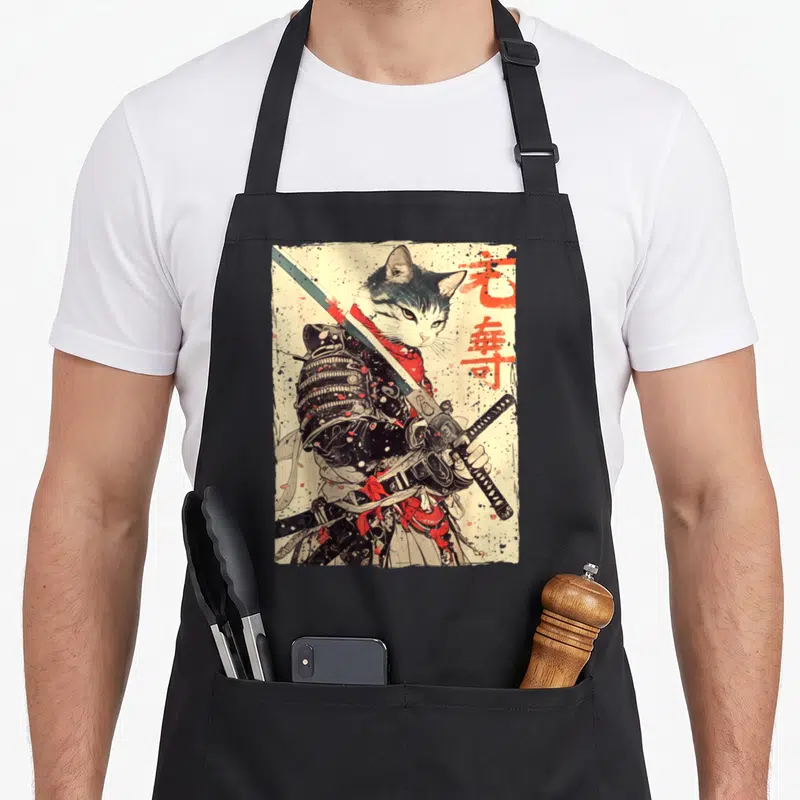 Warrior ukiyo cat apron - Realistic cat in black samurai armor holding a katana beside vertical red kanji characters — shown on a black cotton canvas apron against a white background