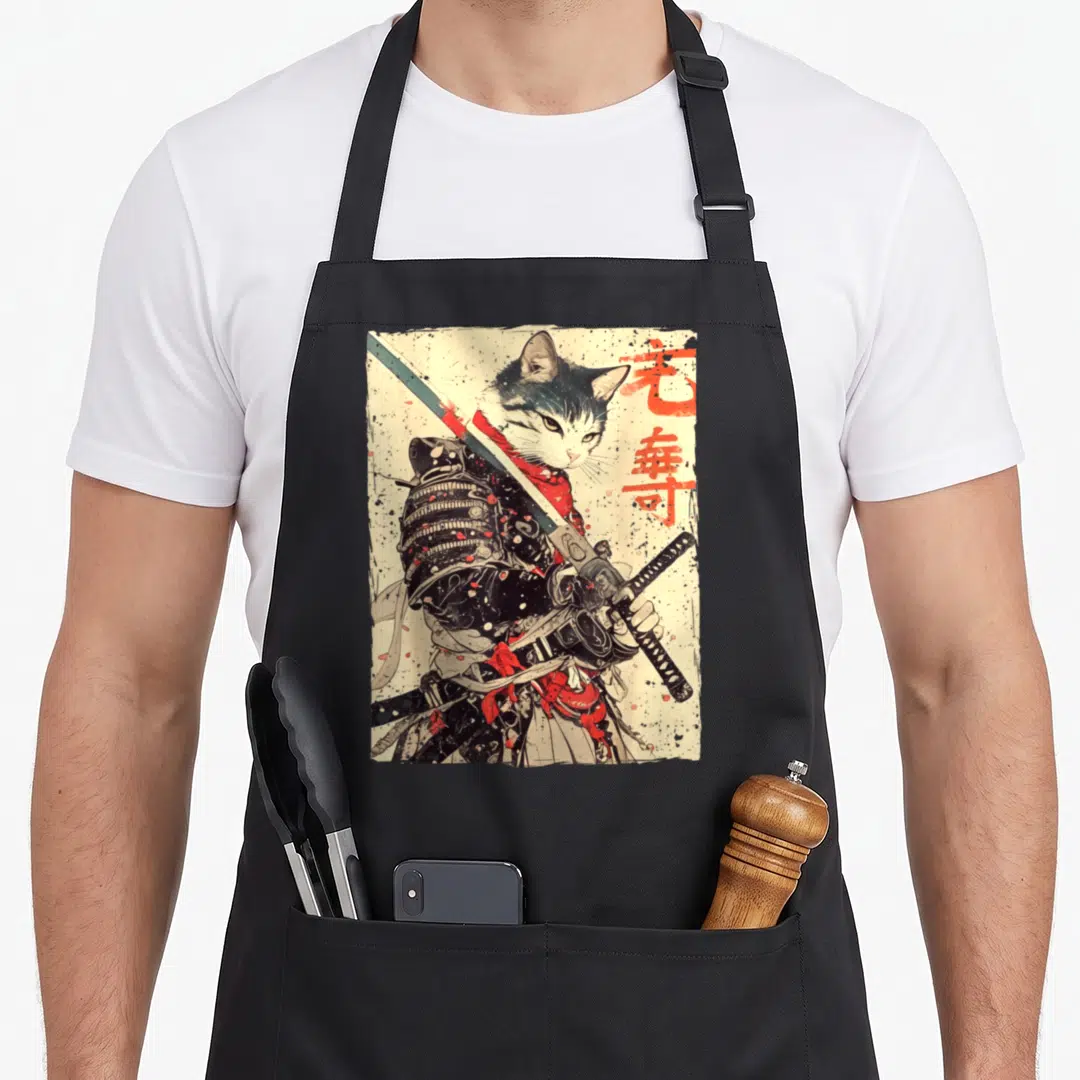 Warrior ukiyo cat apron - Realistic cat in black samurai armor holding a katana beside vertical red kanji characters — shown on a black cotton canvas apron against a white background