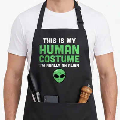 Human costume alien halloween apron - Stacked green and white text above a green cartoon alien head on a black — shown on a black cotton canvas apron against a white background